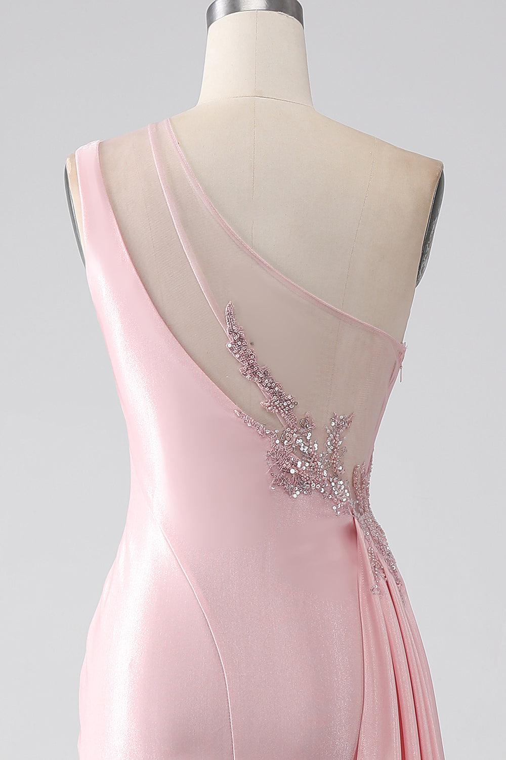 Rosa sirena una spalla paillettes appliques increspato abito da ballo con fessura