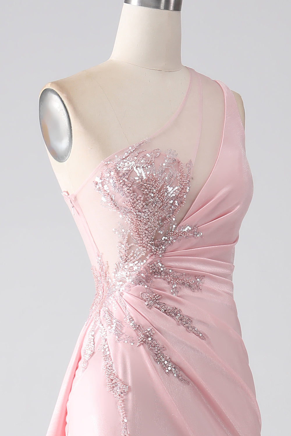 Rosa sirena una spalla paillettes appliques increspato abito da ballo con fessura