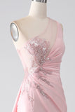 Rosa sirena una spalla paillettes appliques increspato abito da ballo con fessura