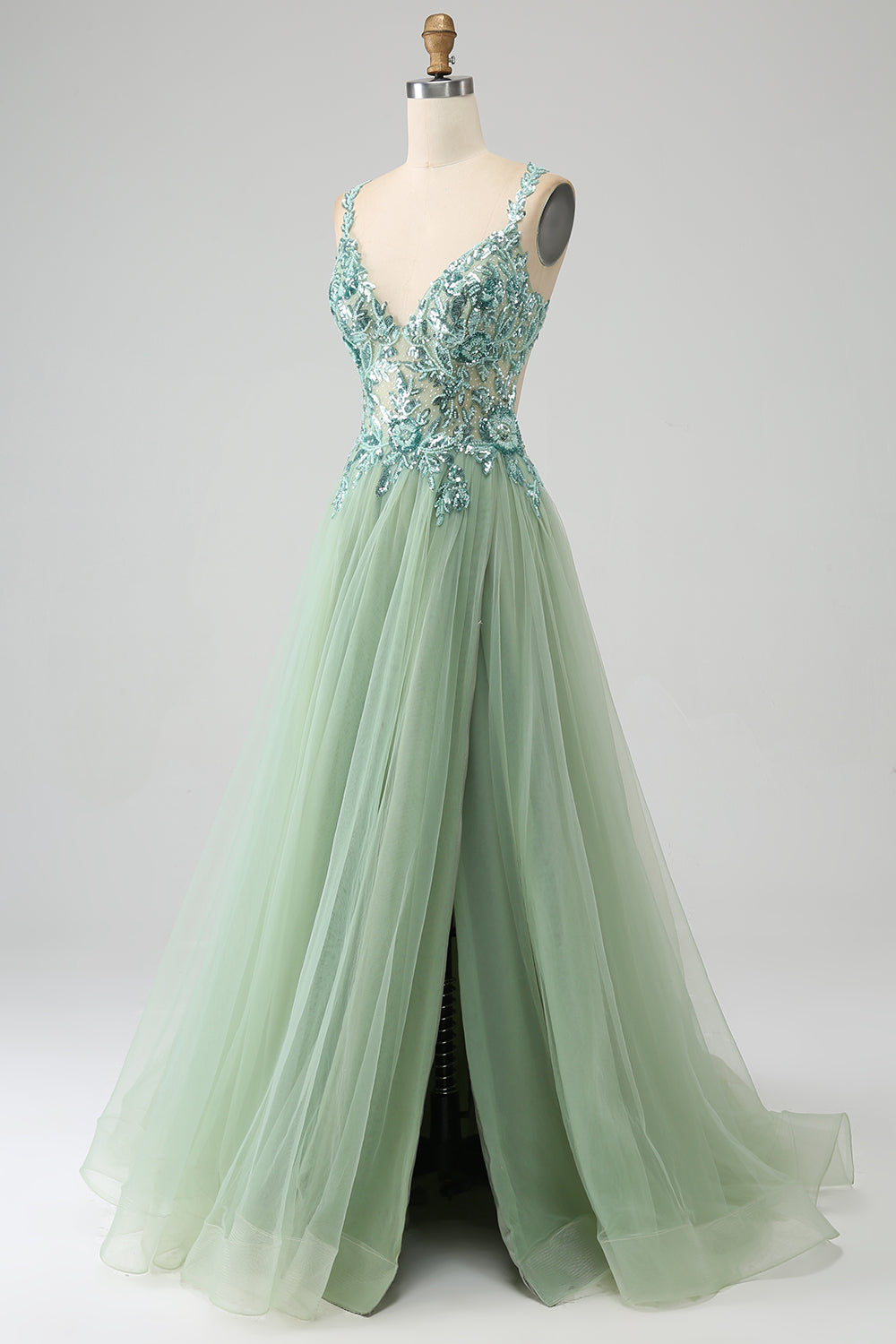 Splendido abito da ballo lungo verde chiaro con scollo a V a linea A con applicazioni