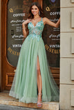 A-Line Scollo a V Split Tulle Verde Chiaro Prom Dress con perline applicate