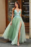 A-Line Scollo a V Split Tulle Verde Chiaro Prom Dress con perline applicate