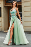 A-Line Scollo a V Split Tulle Verde Chiaro Prom Dress con perline applicate
