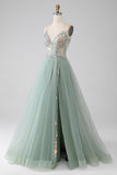 A-Line Beaded Light Green Prom Dress con fessura