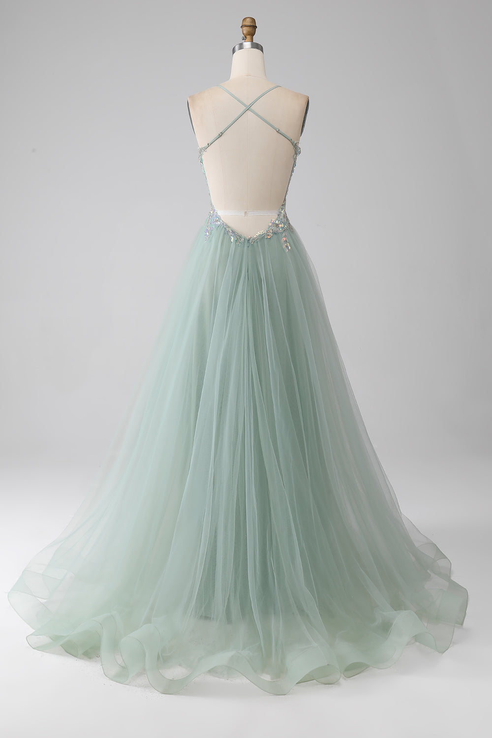 A-Line Beaded Light Green Prom Dress con fessura
