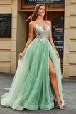 A-Line Scollo a V Pavimento-Lungo in rilievo Tulle Verde chiaro Prom Dress con spacco