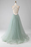 A-Line Beaded Light Green Prom Dress con fessura