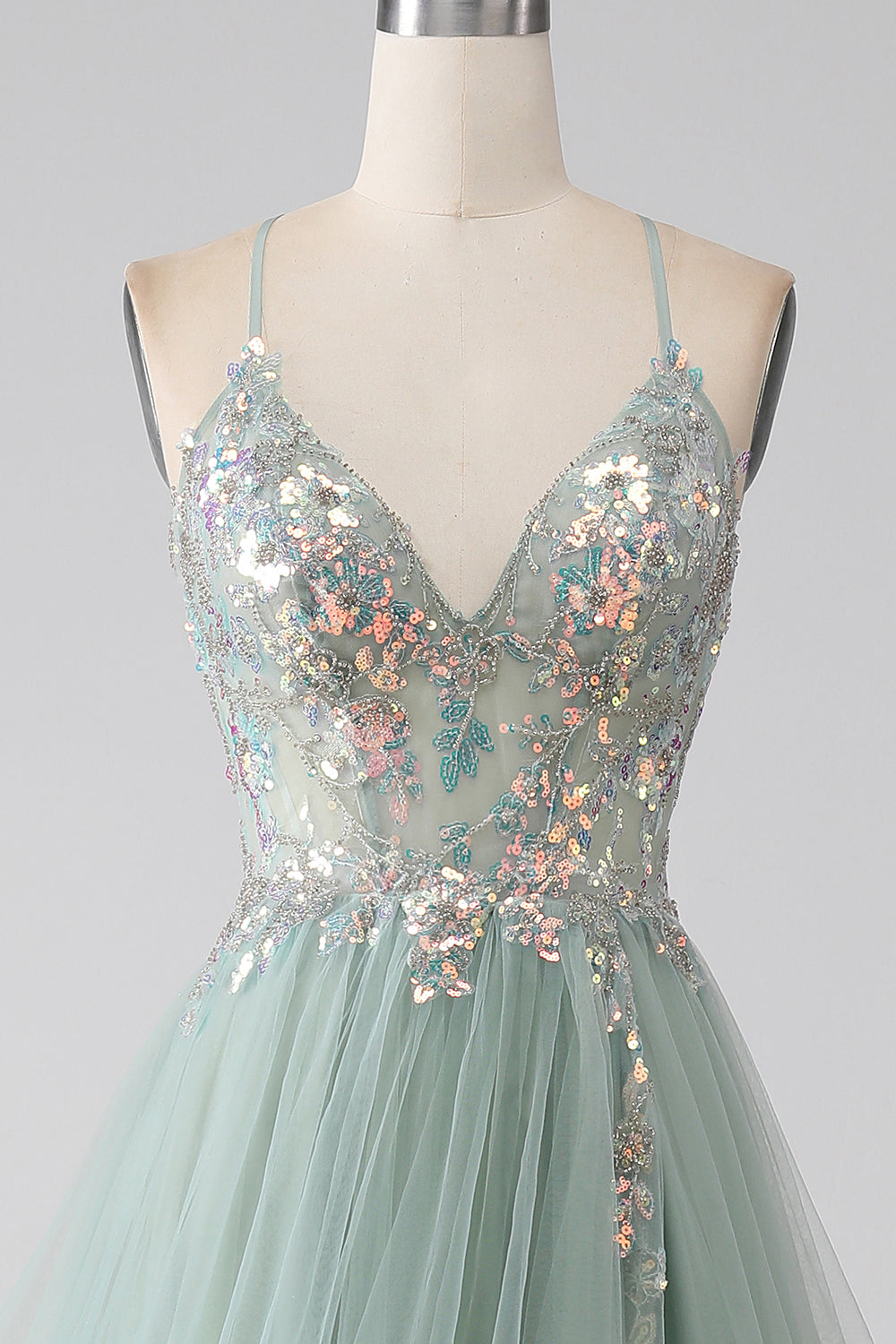 A-Line Beaded Light Green Prom Dress con fessura