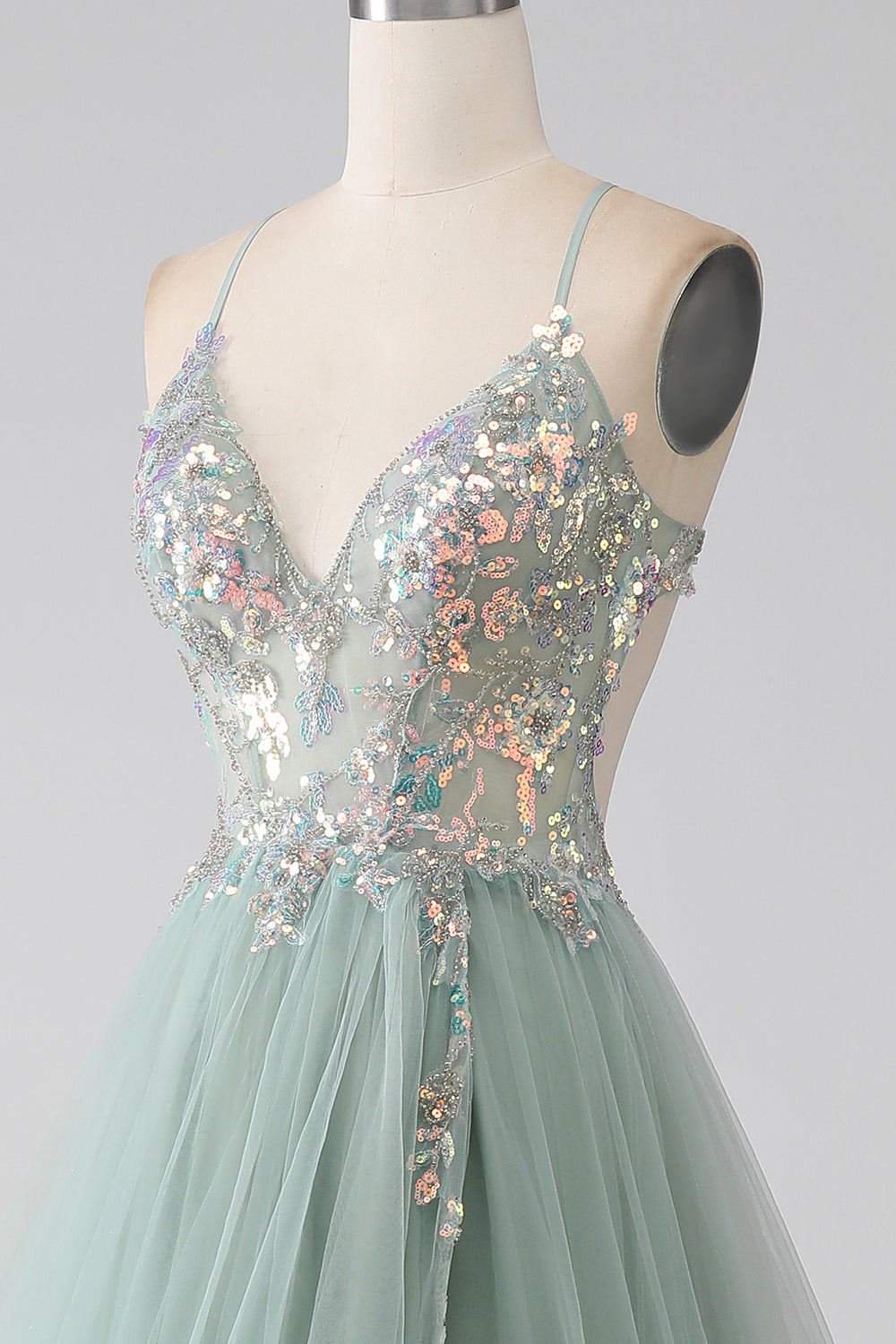 A-Line Beaded Light Green Prom Dress con fessura