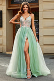 A-Line Scollo a V Pavimento-Lungo in rilievo Tulle Verde chiaro Prom Dress con spacco