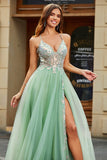 A-Line Scollo a V Pavimento-Lungo in rilievo Tulle Verde chiaro Prom Dress con spacco