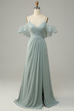 Dusty Sage Cold Shoulder Una linea lunga damigella d'onore Dress