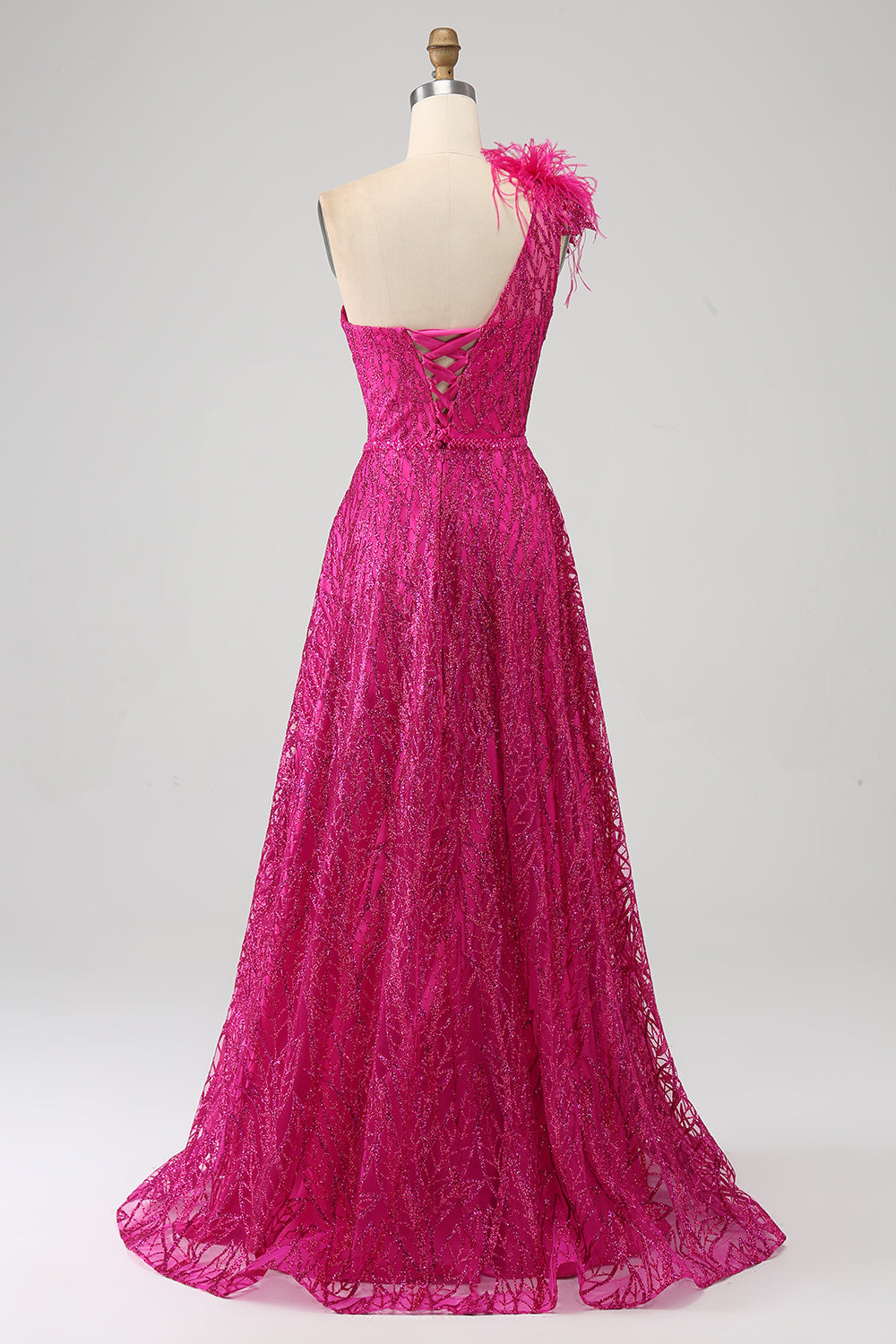 Fucsia A-Line Una spalla piuma Paillettes Abito Lungo ballo Con Fessura