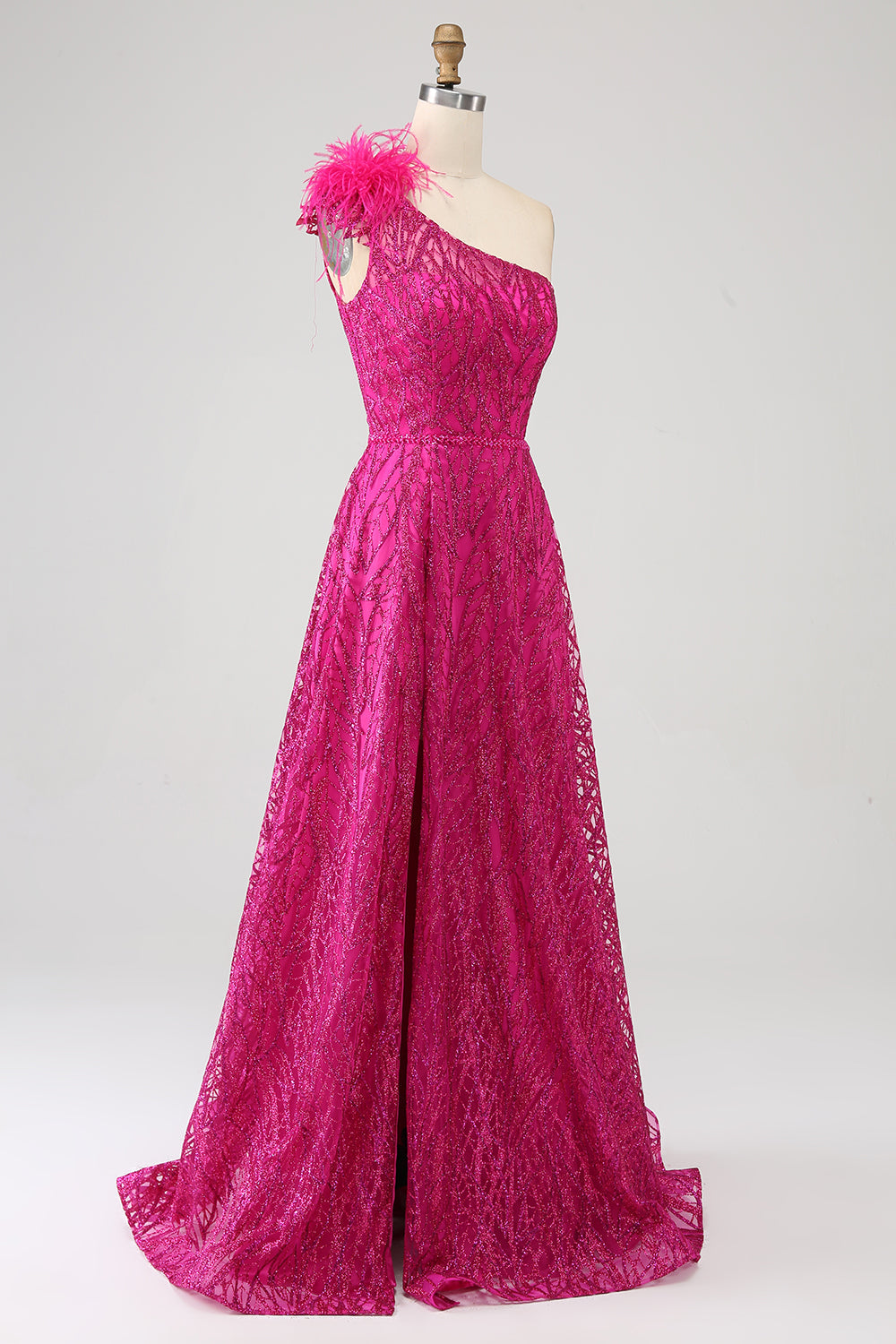 Fucsia A-Line Una spalla piuma Paillettes Abito Lungo ballo Con Fessura
