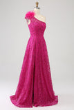 Fucsia A-Line Una spalla piuma Paillettes Abito Lungo ballo Con Fessura