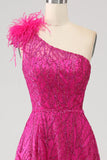 Fucsia A-Line Una spalla piuma Paillettes Abito Lungo ballo Con Fessura