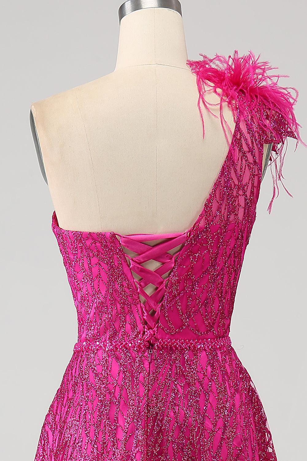 Fucsia A-Line Una spalla piuma Paillettes Abito Lungo ballo Con Fessura
