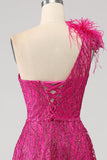 Fucsia A-Line Una spalla piuma Paillettes Abito Lungo ballo Con Fessura