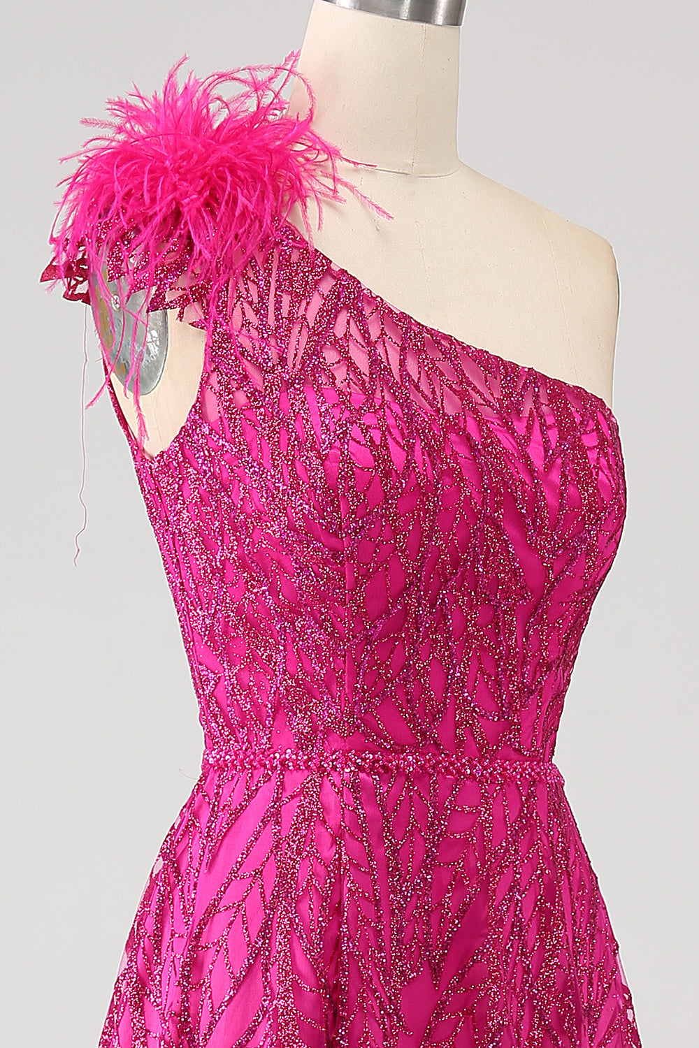 Fucsia A-Line Una spalla piuma Paillettes Abito Lungo ballo Con Fessura