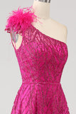 Fucsia A-Line Una spalla piuma Paillettes Abito Lungo ballo Con Fessura