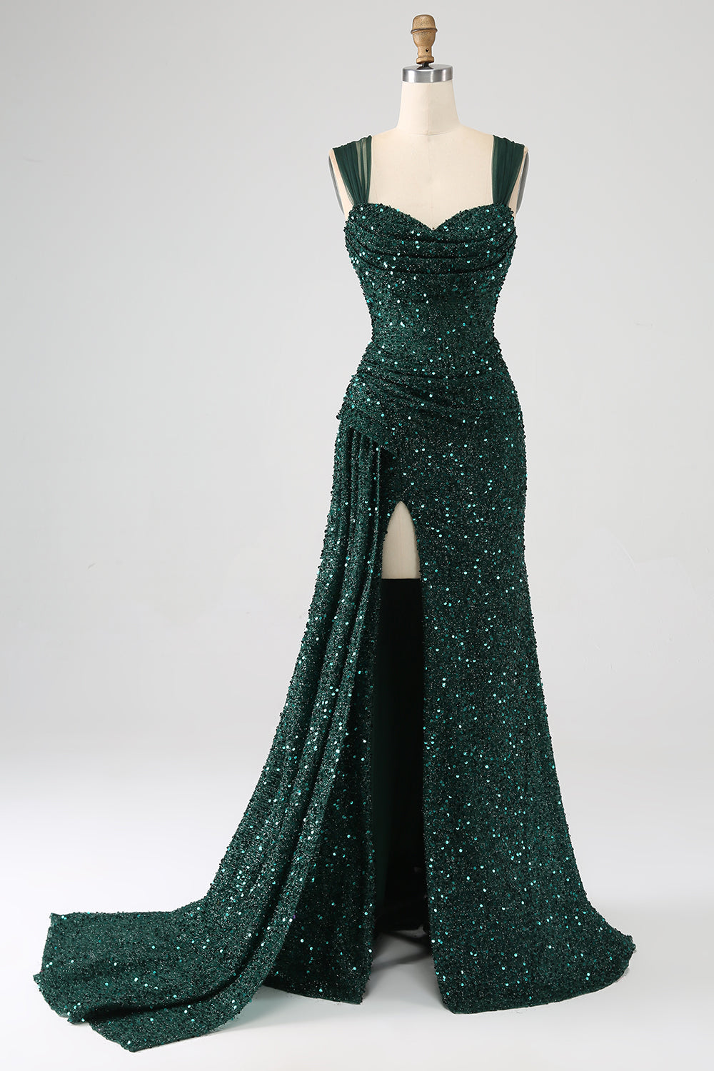 Verde scuro guaina scintillante paillettes plissettato abito lungo da ballo con spacco coscia