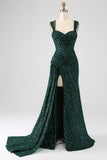 Verde scuro guaina scintillante paillettes plissettato abito lungo da ballo con spacco coscia