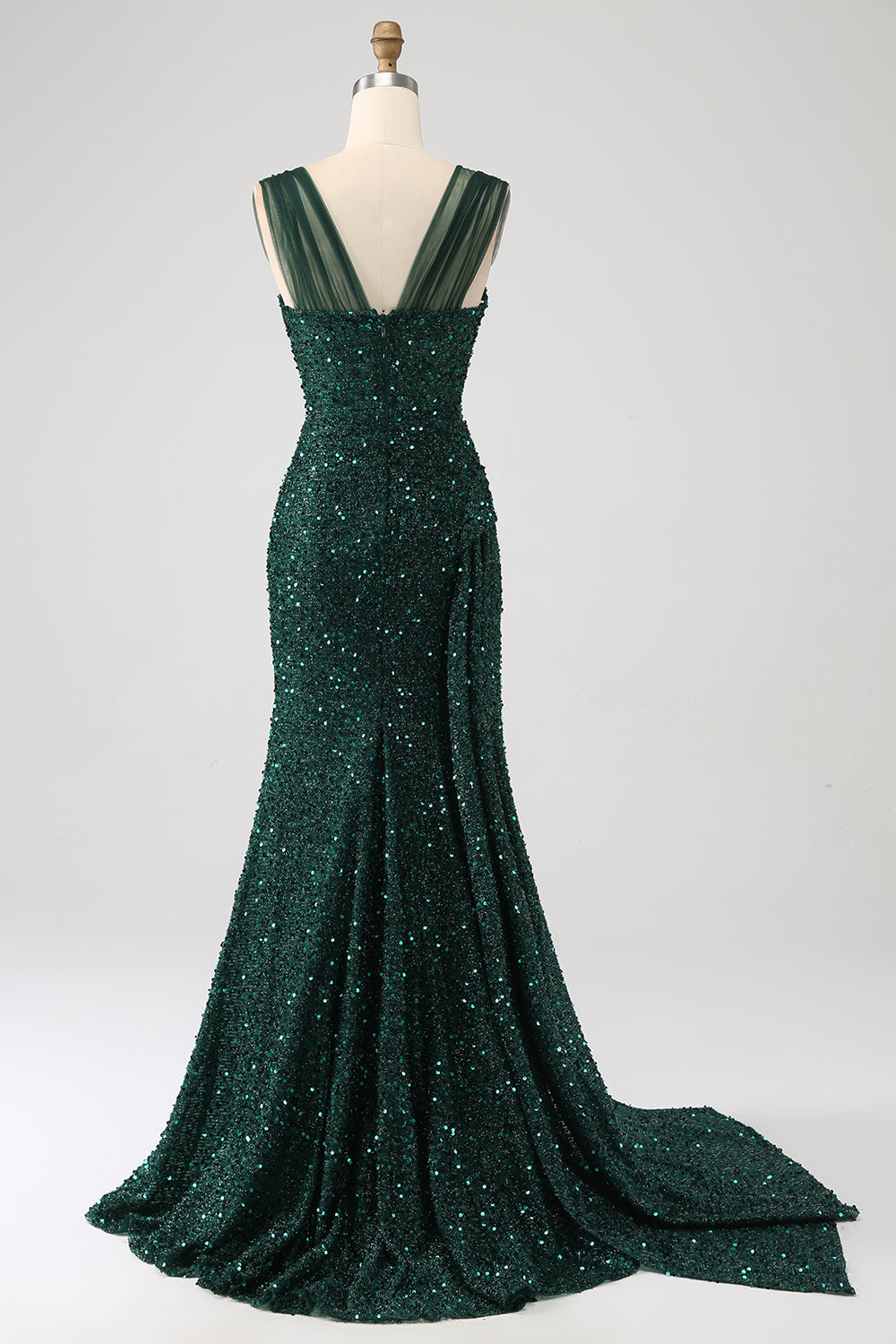 Verde scuro guaina scintillante paillettes plissettato abito lungo da ballo con spacco coscia