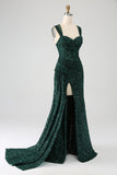 Verde scuro guaina scintillante paillettes plissettato abito lungo da ballo con spacco coscia