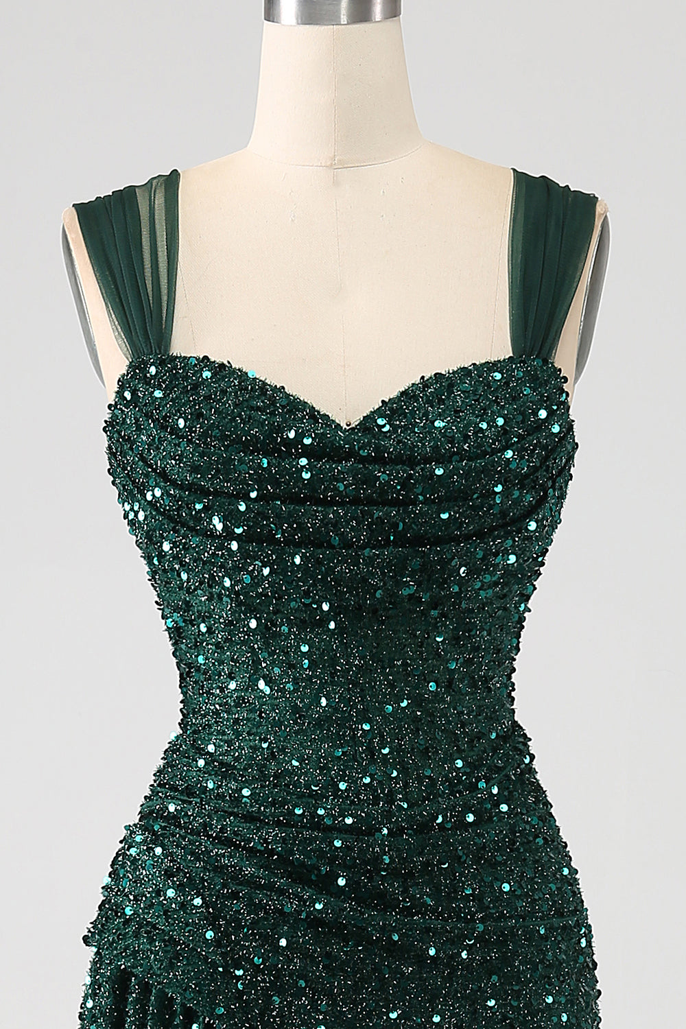 Verde scuro guaina scintillante paillettes plissettato abito lungo da ballo con spacco coscia