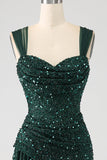 Verde scuro guaina scintillante paillettes plissettato abito lungo da ballo con spacco coscia