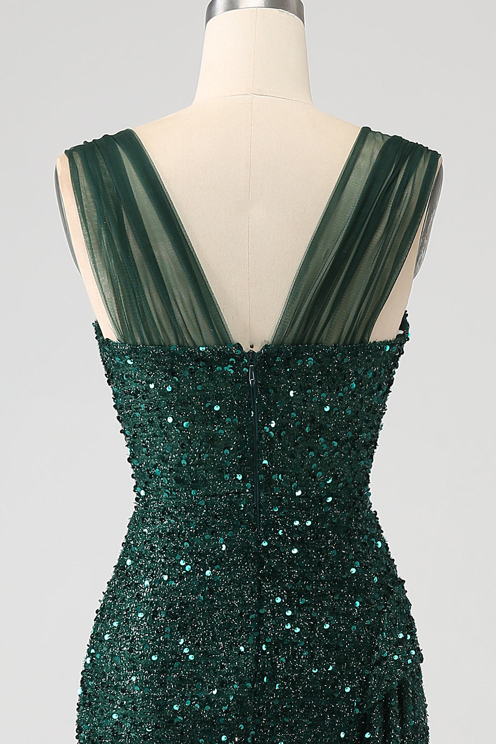Verde scuro guaina scintillante paillettes plissettato abito lungo da ballo con spacco coscia