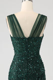 Verde scuro guaina scintillante paillettes plissettato abito lungo da ballo con spacco coscia