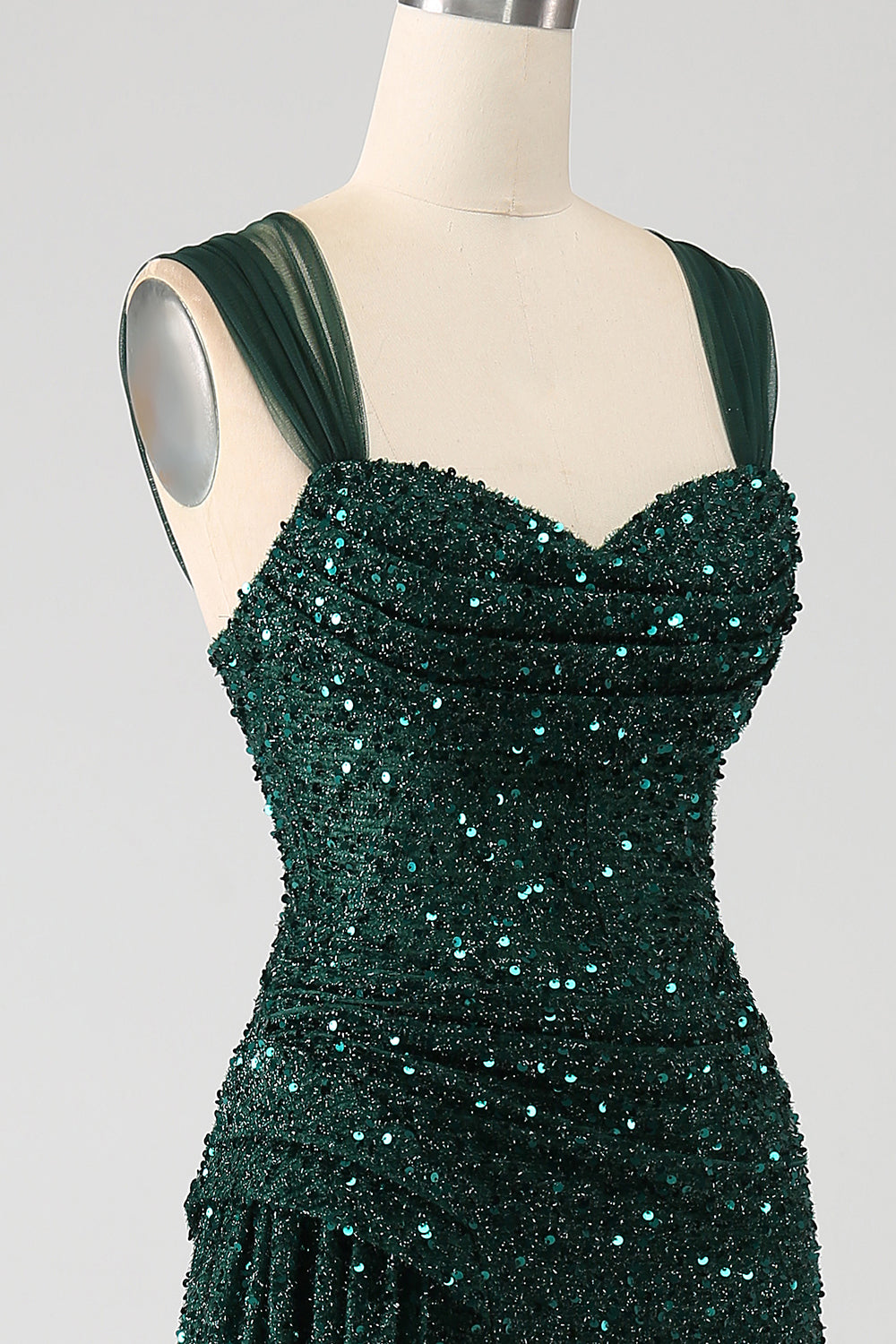 Verde scuro guaina scintillante paillettes plissettato abito lungo da ballo con spacco coscia