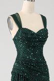 Verde scuro guaina scintillante paillettes plissettato abito lungo da ballo con spacco coscia