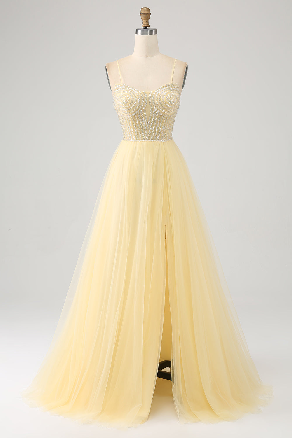 Tulle in rilievo giallo chiarovestito da ballo con spacco