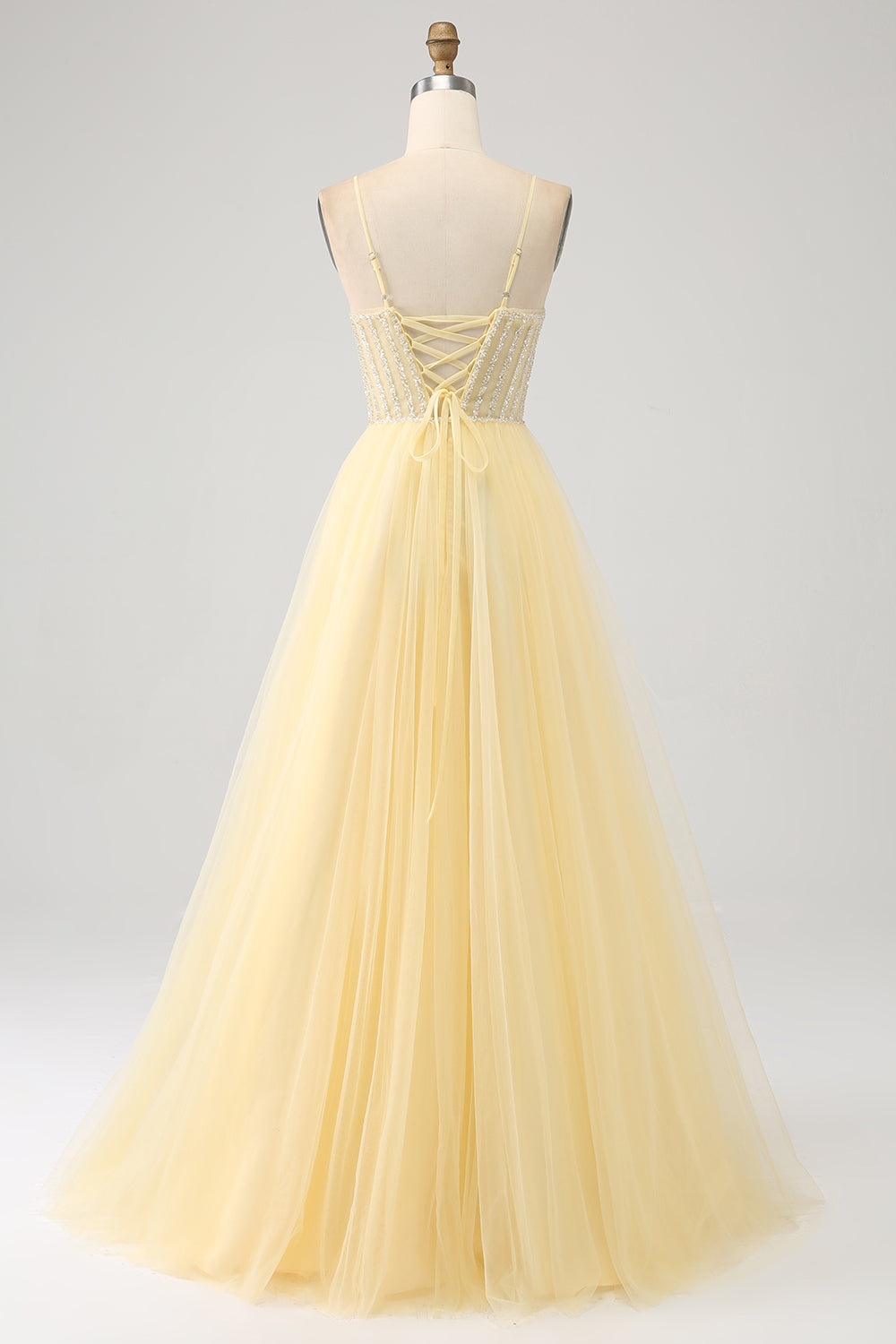 Tulle in rilievo giallo chiarovestito da ballo con spacco
