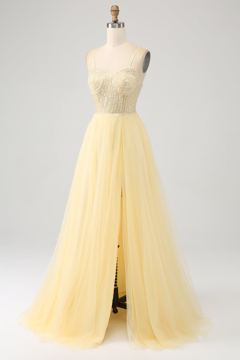 Tulle in rilievo giallo chiarovestito da ballo con spacco