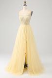 Tulle in rilievo giallo chiarovestito da ballo con spacco