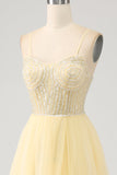 Tulle in rilievo giallo chiarovestito da ballo con spacco