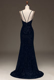 Abito da ballo lungo nero con paillettes scintillanti sirena con fessura