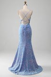 Abito da ballo azzurro con paillettes scintillanti con spacco