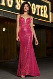 Splendida sirena Spaghetti Straps Fucsia Paillettes Corsetto Prom Dress