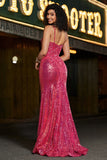 Splendida sirena Spaghetti Straps Fucsia Paillettes Corsetto Prom Dress