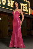 Splendida sirena Spaghetti Straps Fucsia Paillettes Corsetto Prom Dress