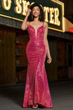 Splendida sirena Spaghetti Straps Fucsia Paillettes Corsetto Prom Dress