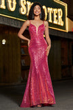 Splendida sirena Spaghetti Straps Fucsia Paillettes Corsetto Prom Dress
