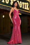 Splendida sirena Spaghetti Straps Fucsia Paillettes Corsetto Prom Dress