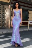 Elegante sirena Spaghetti Straps Paillettes viola Corsetto Prom Dress