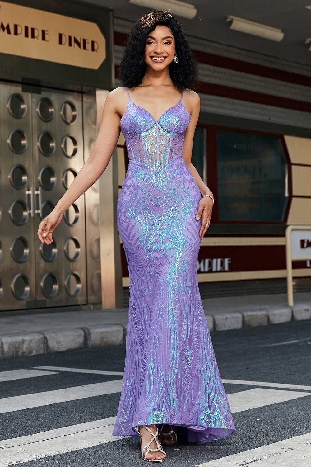 Elegante sirena Spaghetti Straps Paillettes viola Corsetto Prom Dress