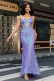 Elegante sirena Spaghetti Straps Paillettes viola Corsetto Prom Dress